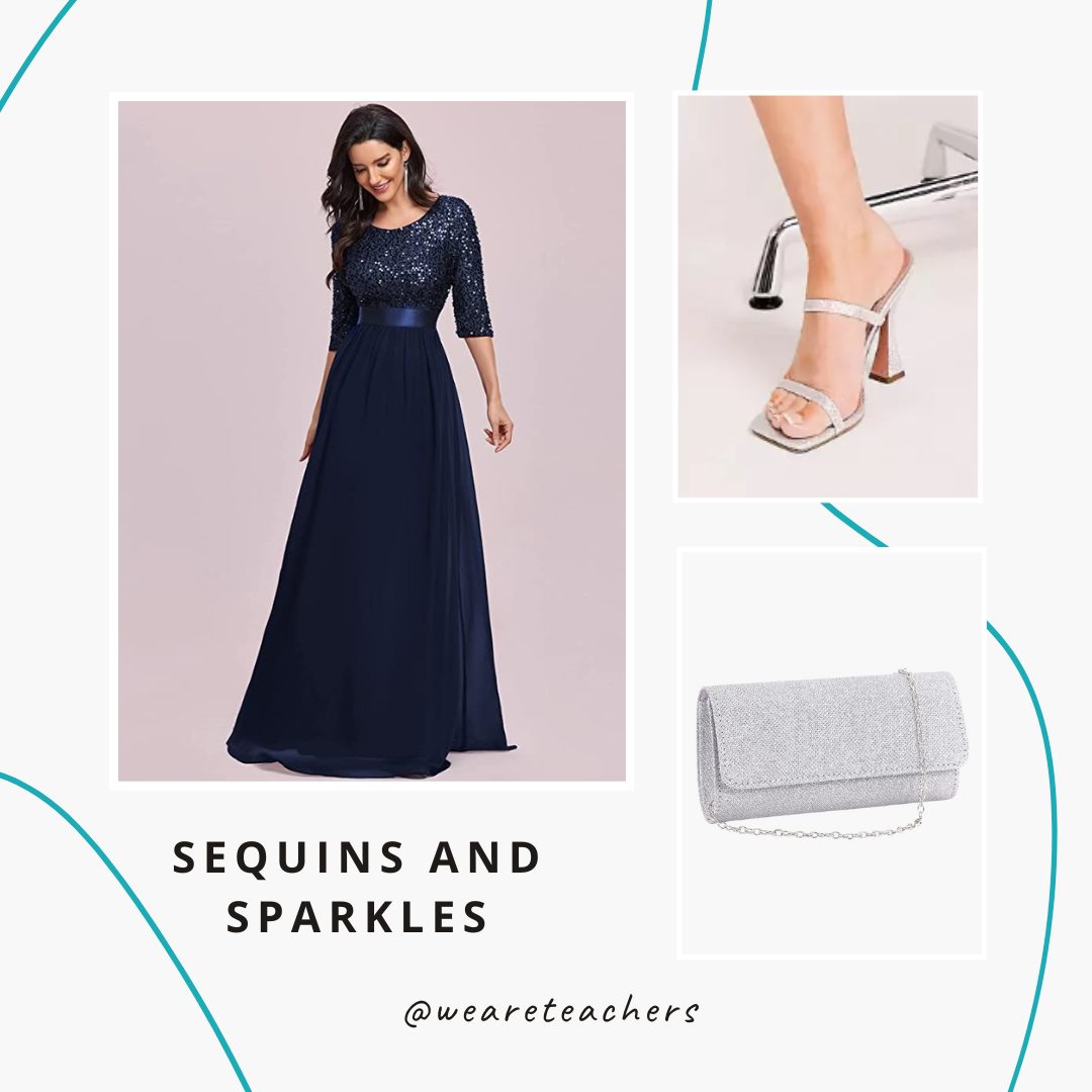Chaperone Outfits 3 Navy blue dress, silver heels and silver clutch.- teacher prom dresses