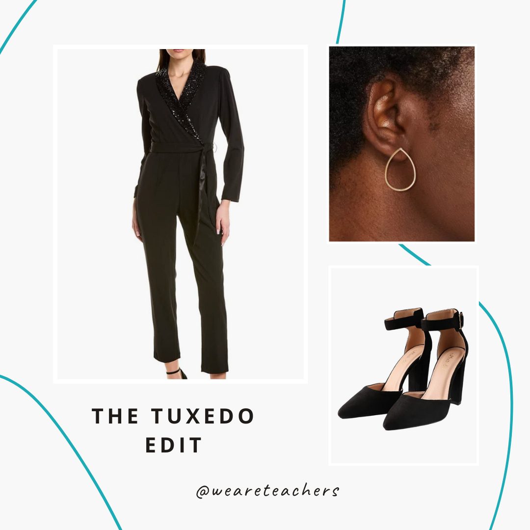 Chaperone Outfits 4 Black jumpsuit, gold earring and black heels.