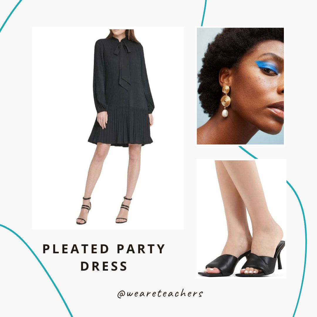 Chaperone Outfits 9 Pleated black dress, dangle earring and black heels.