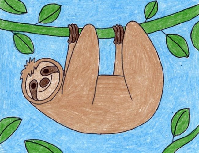 How to Draw a Sloth Simple crayon drawing of a sloth hanging from a tree