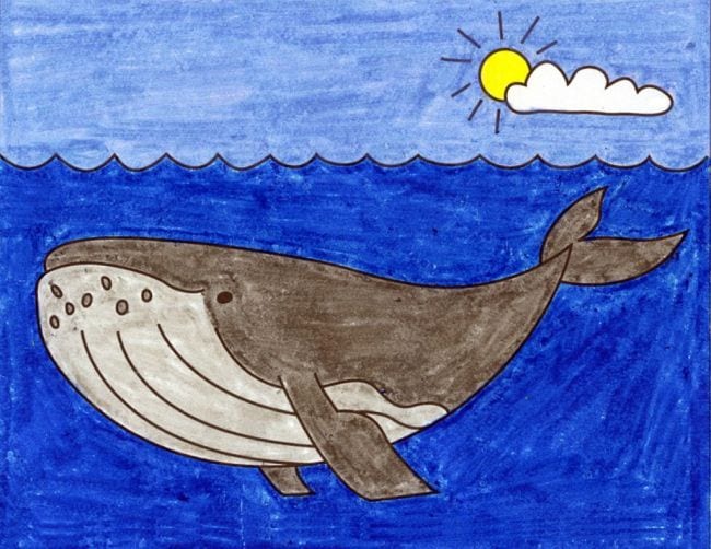 Directed Drawing Whale Crayon drawing of a humpback whale in a blue ocean