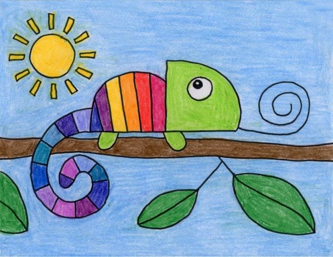 Directed Drawing Chameleon Crayon drawing of a rainbow-striped chameleon on a branch