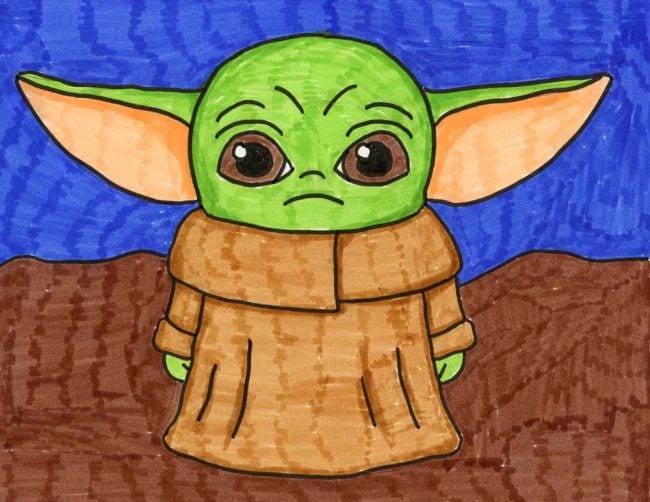 Directed Drawing Art Projects for Kids Simple marker drawing of the character known as Baby Yoda, The Child, and Grogu