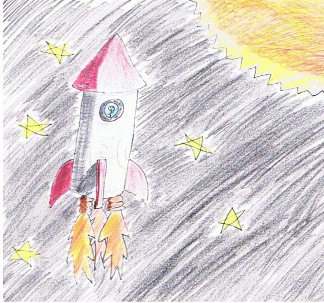 Directed Drawing Rocket Colored pencil sketch of a rocket in space with stars