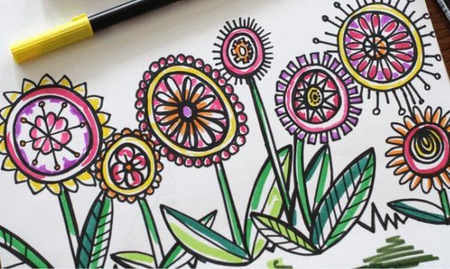 Directed Drawing Kitchen Table Classroom Abstract flowers outlined in black and colored with markers - Directed Drawing