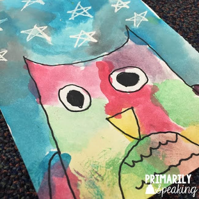 Directed Drawing Owl Simple owl and watercolor sketch with starry sky - Directed Drawing For Kids