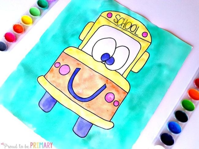 Directed Drawing School Bus Directed Drawing for Kids include thiswatercolor picture of a smiling school bus