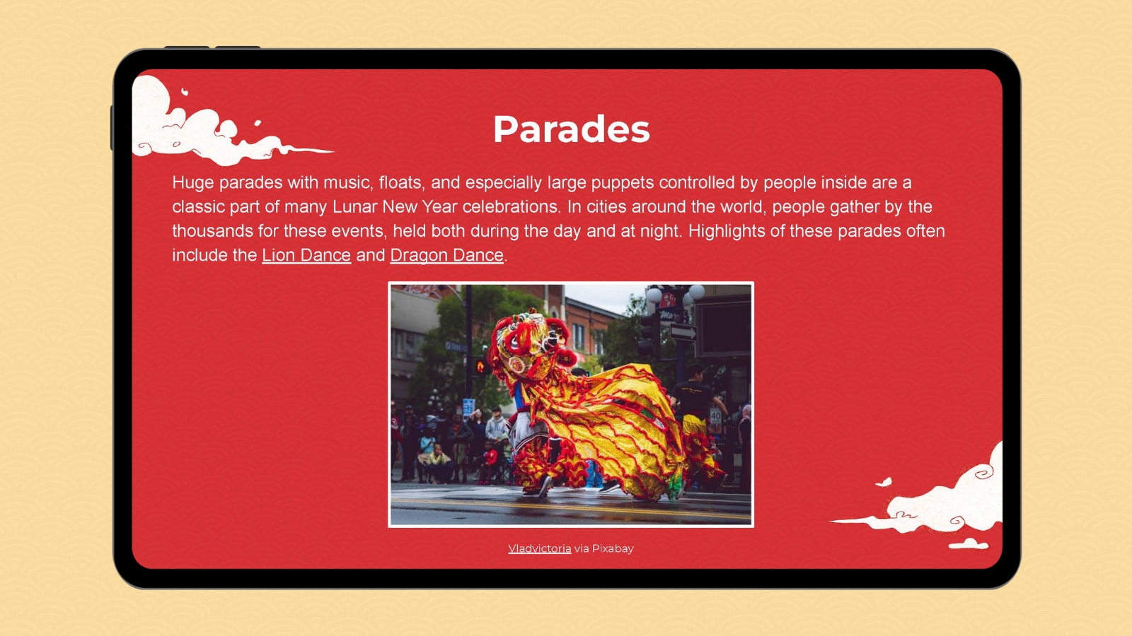 Lunar New Year Parades Computer screen with Lunar New Year Parades slide on it.
