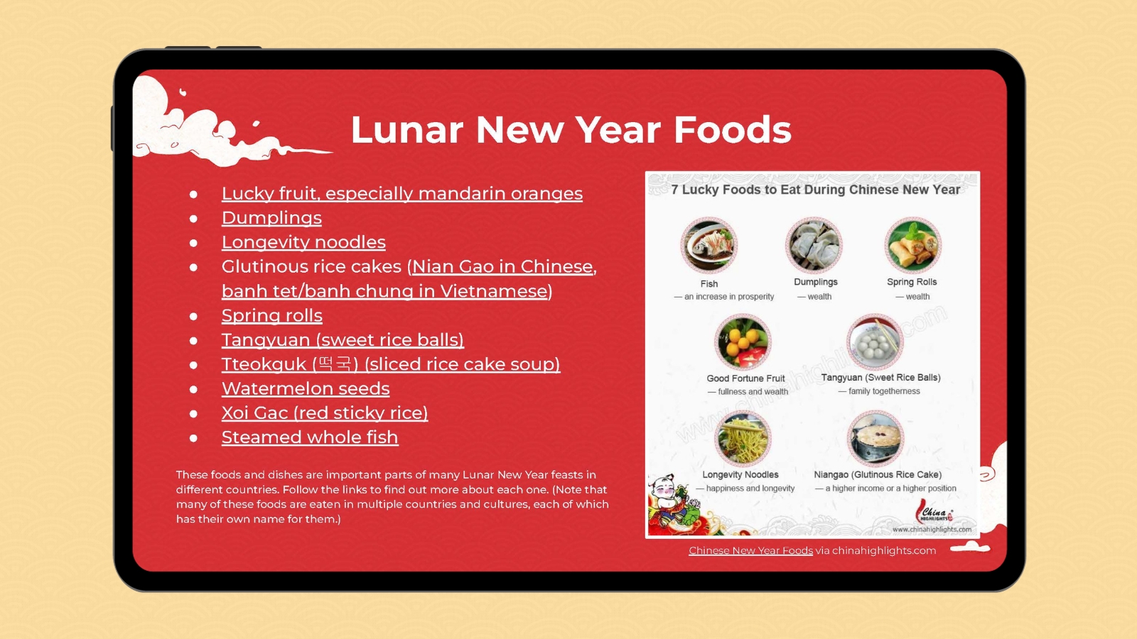 Lunar New Year Foods Computer screen with Lunar New Year Foods slide on it.
