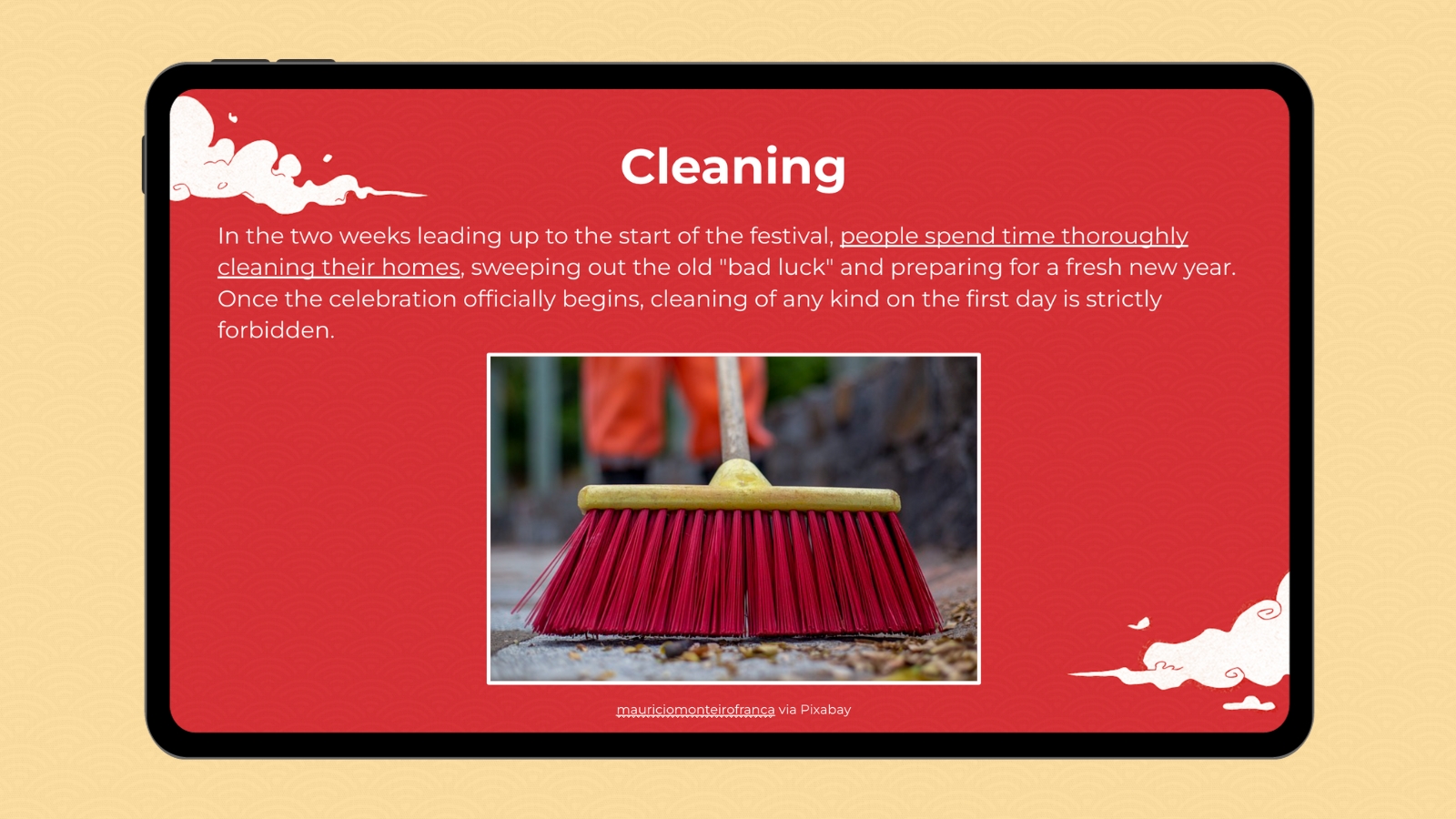 Lunar New Year Cleaning Google slide with image and information about the Lunar New Year cleaning tradition