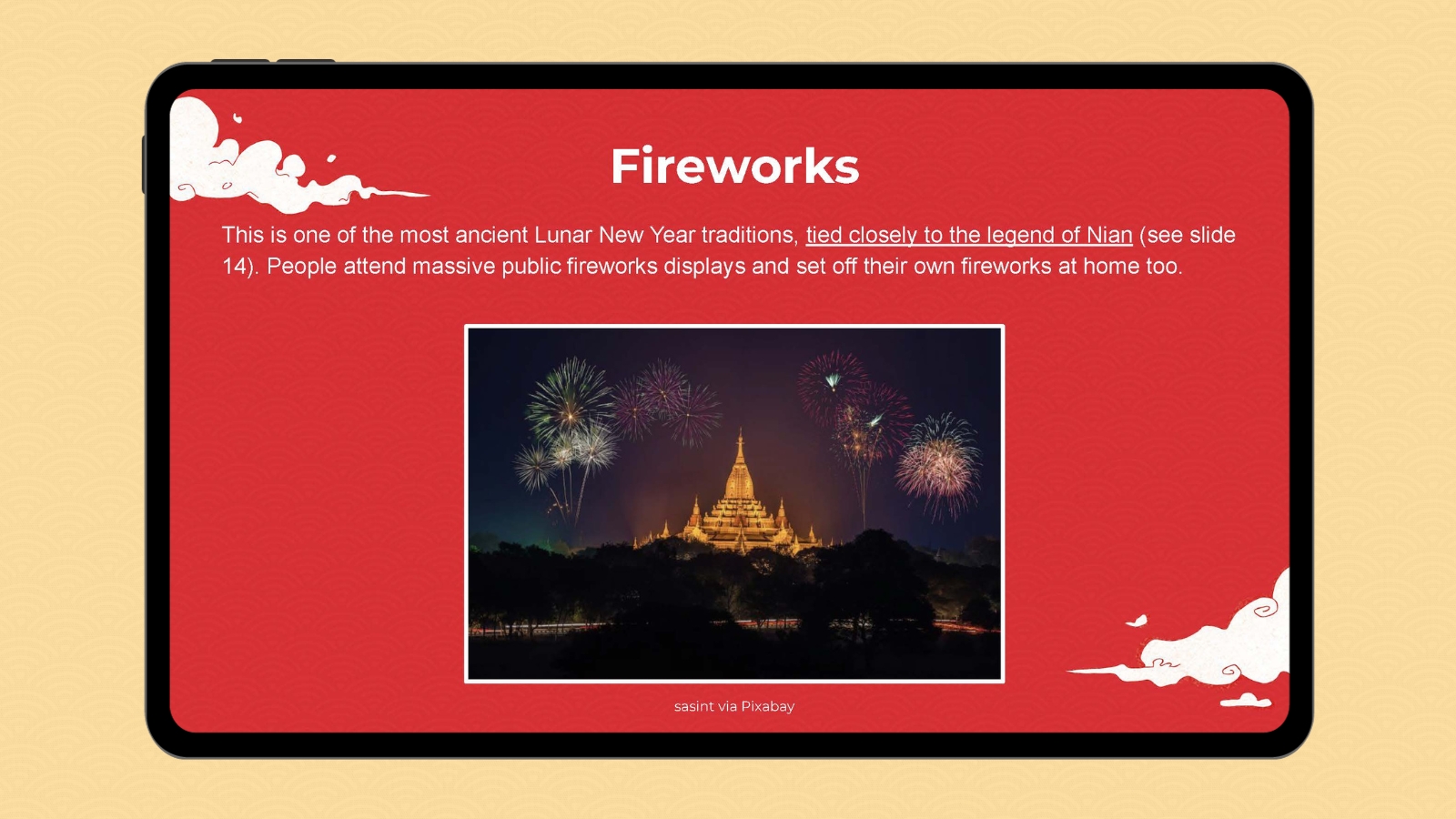 Lunar New Year Fireworks Google slide with image and information about the Lunar New Year fireworks tradition