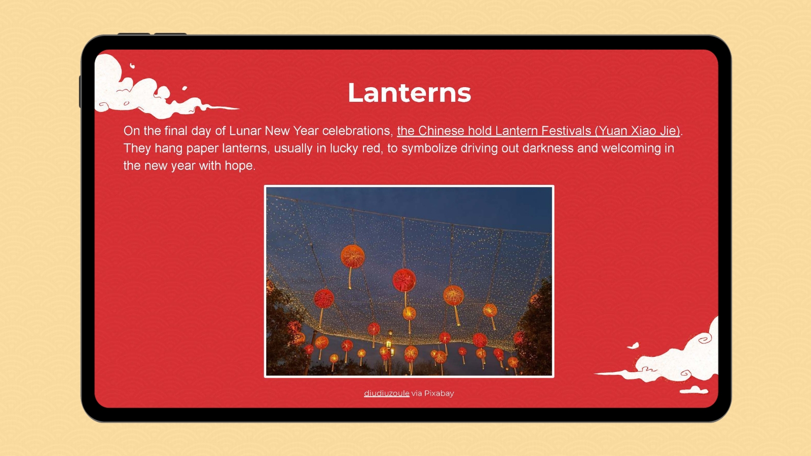Lunar New Year Lanterns Google slide with image and information about the Lunar New Year lanterns tradition
