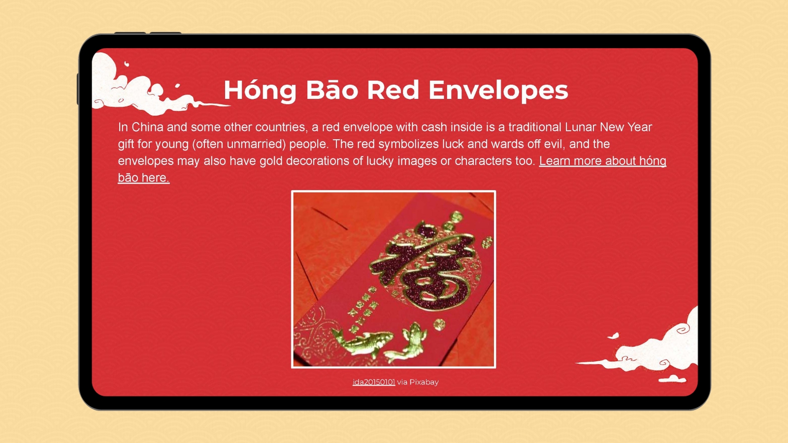 Lunar New Year Hong Bao Red Envelopes Google slide with image and information about the Lunar New Year Hong Bao Red Envelopes tradition