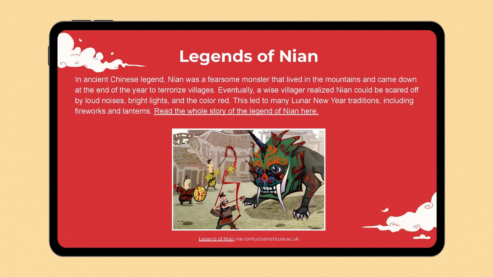 Lunar New Year Legends of Nian Google slide with image and information about the Lunar New Year Legends of Nian