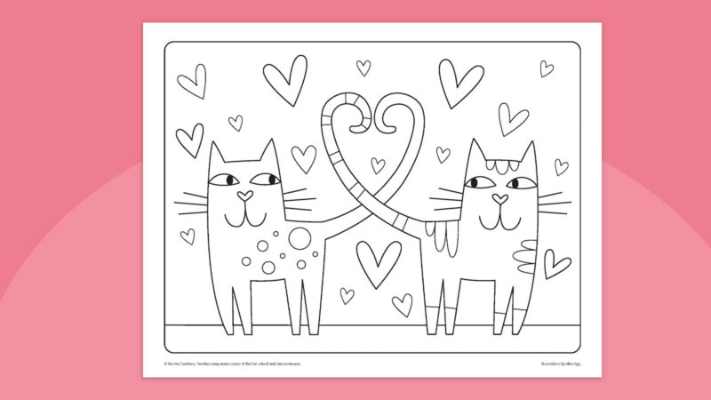 Kittens in Love Coloring page featuring two kittens making a heart with their tails
