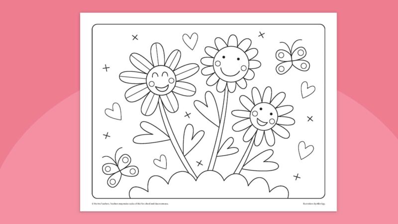 Hearts and Flowers Coloring page featuring flowers and hearts for Valentine's Day