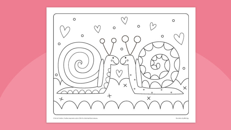 Snails in Love Coloring page featuring snails and hearts for Valentine's Day