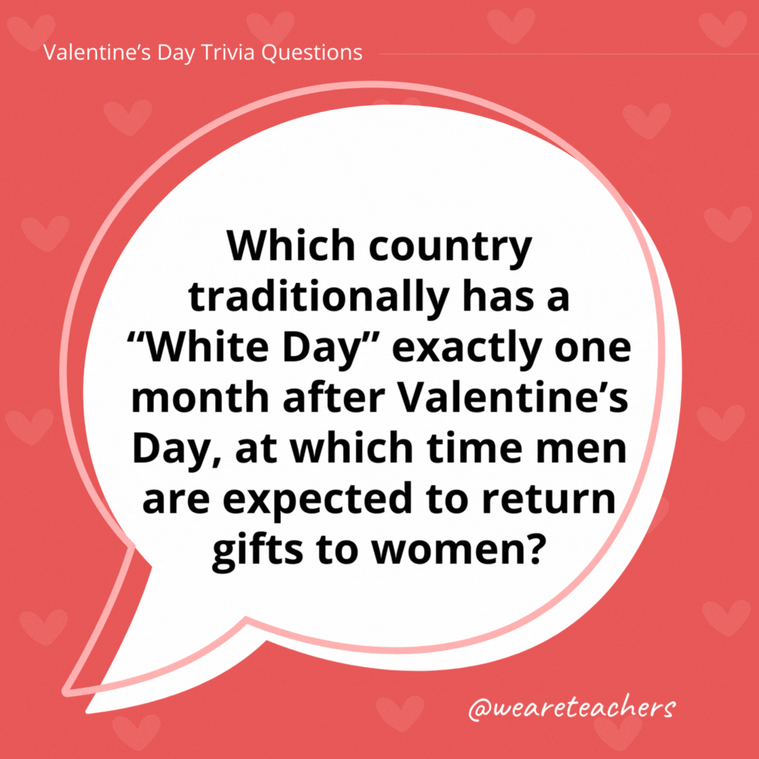 Which country traditionally has a “White Day” exactly one month after Valentine’s Day, at which time men are expected to return gifts to women? Japan (also celebrated in South Korea and Taiwan). Which country traditionally has a "White Day" exactly one month after Valentine's Day, at which time men are expected to return gifts to women?
Japan (also celebrated in South Korea and Taiwan).