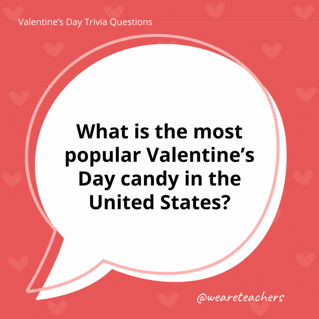 What is the most popular Valentine’s Day candy in the United States? Conversation hearts, heart-shaped candies with short messages printed on them. What is the most popular Valentine's Day candy in the United States?
Conversation hearts, heart-shaped candies with short messages printed on them.