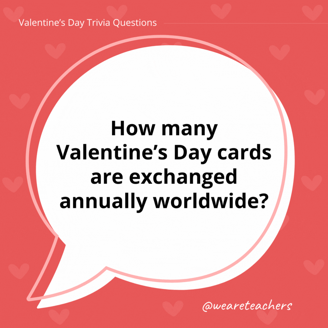 How many Valentine’s Day cards are exchanged annually worldwide? Approximately 1 billion. How many Valentine's Day cards are exchanged annually worldwide?
Approximately 1 billion.
