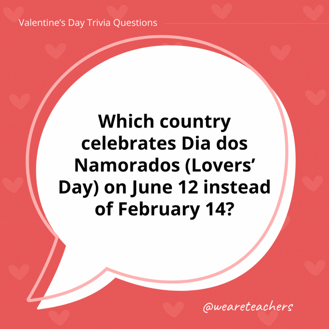 Which country celebrates Dia dos Namorados (Lovers’ Day) on June 12 instead of February 14? Brazil. Which country celebrates Dia dos Namorados (Lovers' Day) on June 12 instead of February 14?
Brazil.