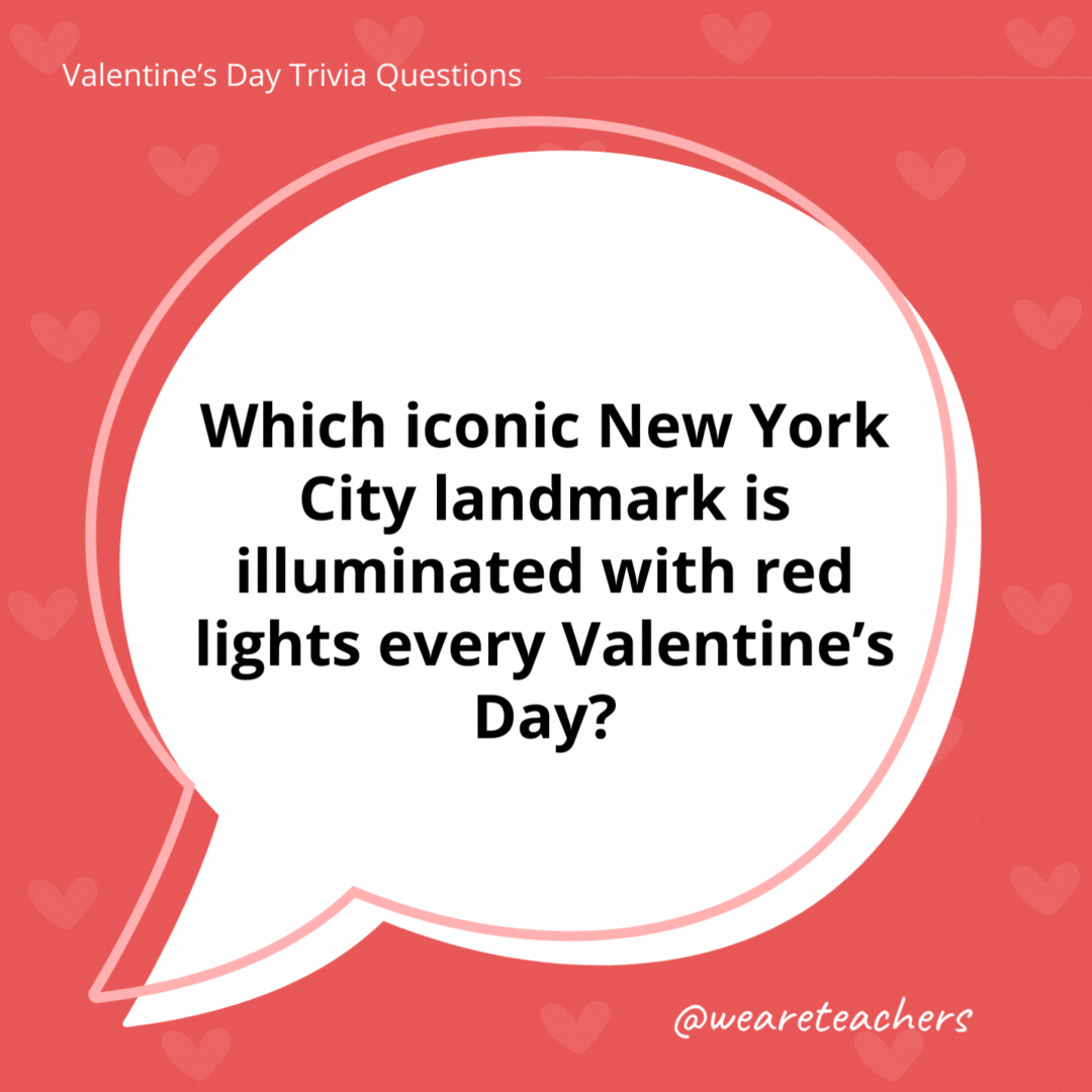 Which iconic New York City landmark is illuminated with red lights every Valentine’s Day? The Empire State Building, although in 2022 it was illuminated in Tiffany Blue! Which iconic New York City landmark is illuminated with red lights every Valentine's Day?
The Empire State Building, although in 2022 it was illuminated in Tiffany Blue!