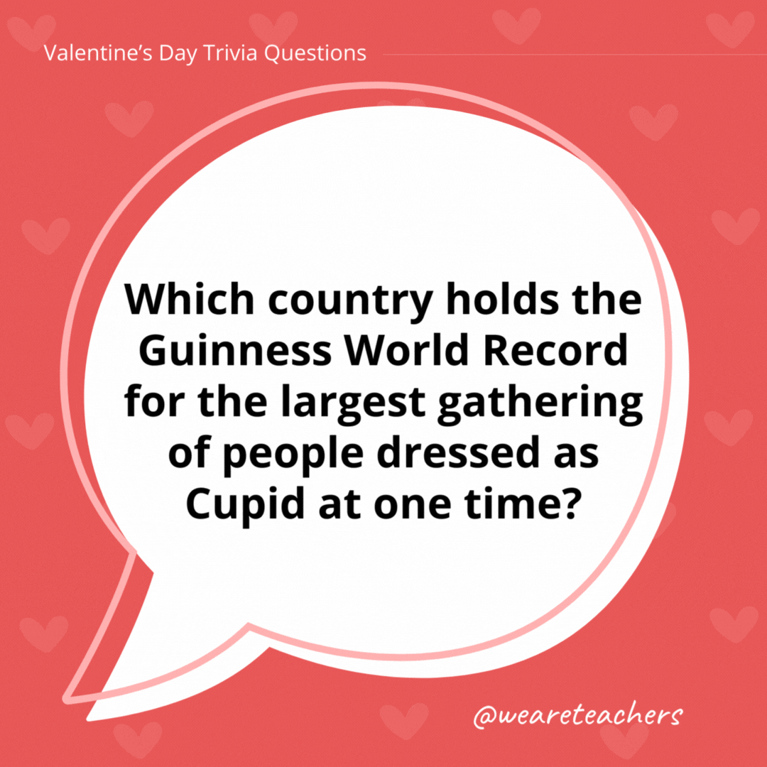 Which country holds the Guinness World Record for the largest gathering of people dressed as Cupid at one time? The largest gathering of cupids consisted of 199 participants in Madrid, Spain, on January 23, 2009. Which country holds the Guinness World Record for the largest gathering of people dressed as Cupid at one time?
The largest gathering of cupids consisted of 199 participants in Madrid, Spain, on January 23, 2009.