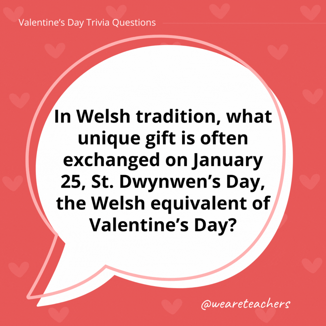 In Welsh tradition, what unique gift is often exchanged on January 25, St. Dwynwen’s Day, the Welsh equivalent of Valentine’s Day? A lovespoon—a wooden spoon carved with symbols of love. In Welsh tradition, what unique gift is often exchanged on January 25, St. Dwynwen's Day, the Welsh equivalent of Valentine’s Day?
A lovespoon—a wooden spoon carved with symbols of love.