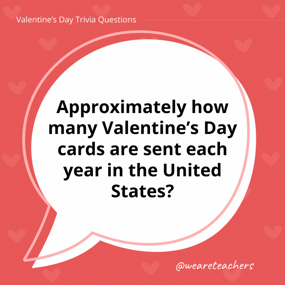 Approximately how many Valentine’s Day cards are sent each year in the United States? Around 145 million. Approximately how many Valentine's Day cards are sent each year in the United States?
Around 145 million.