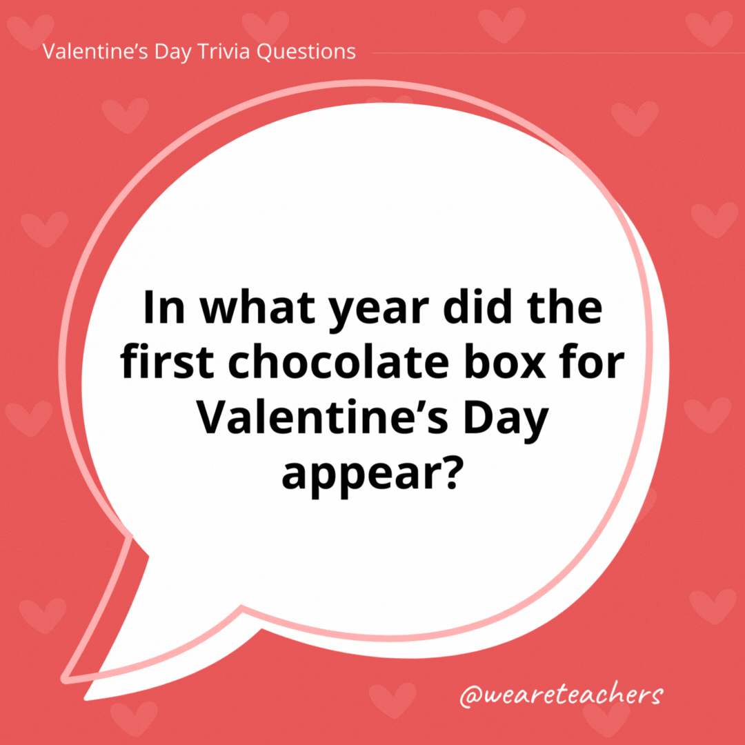 In what year did the first chocolate box for Valentine’s Day appear? It was created by Richard Cadbury in 1868. In what year did the first chocolate box for Valentine's Day appear?
It was created by Richard Cadbury in 1868.