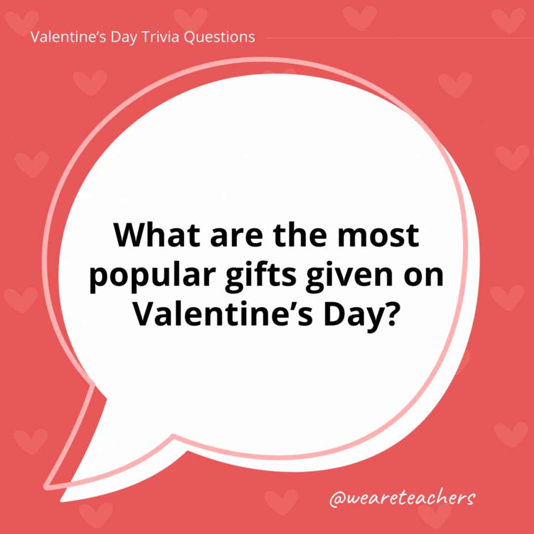 What are the most popular gifts given on Valentine’s Day? Chocolates, flowers, jewelry, and romantic dinners are the most popular Valentine’s Day gifts in the United States. What are the most popular gifts given on Valentine's Day?
Chocolates, flowers, jewelry, and romantic dinners are the most popular Valentine's Day gifts in the United States.