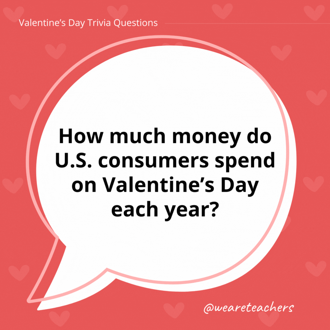 How much money do U.S. consumers spend on Valentine’s Day each year? The National Retail Federation estimates that U.S. consumers spend $25.9 billion on the holiday. How much money do U.S. consumers spend on Valentine's Day each year?
The National Retail Federation estimates that U.S. consumers spend $25.9 billion on the holiday.