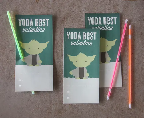 yoda-valentine Adorable valentines for students featuring a picture of Yoda and a mini glow stick as a light saber