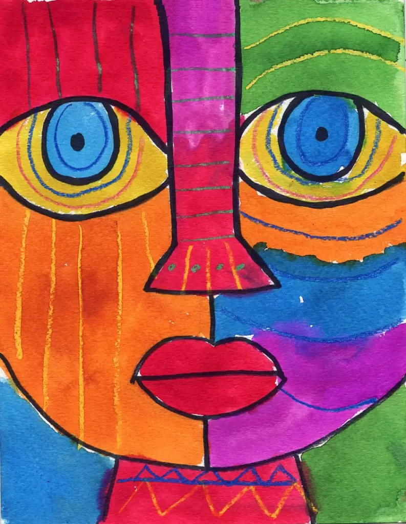 Directed Drawing Abstract Face A drawing of a very brightly colored abstract face is shown. It covers the entire page.