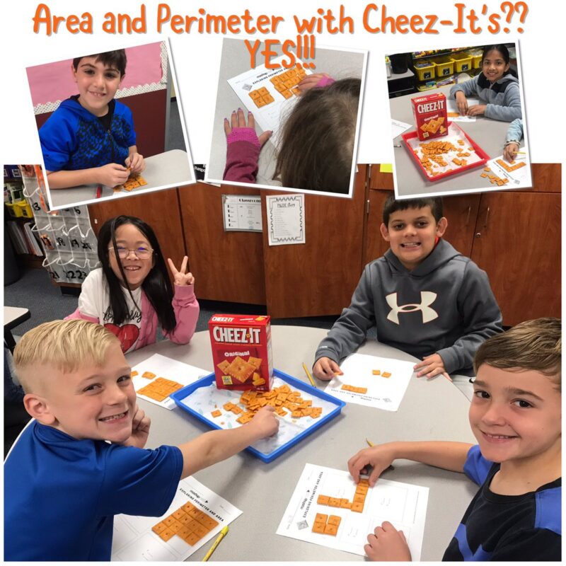 area-perimeter-cheez-its students using crackers to complete area and perimeter problems