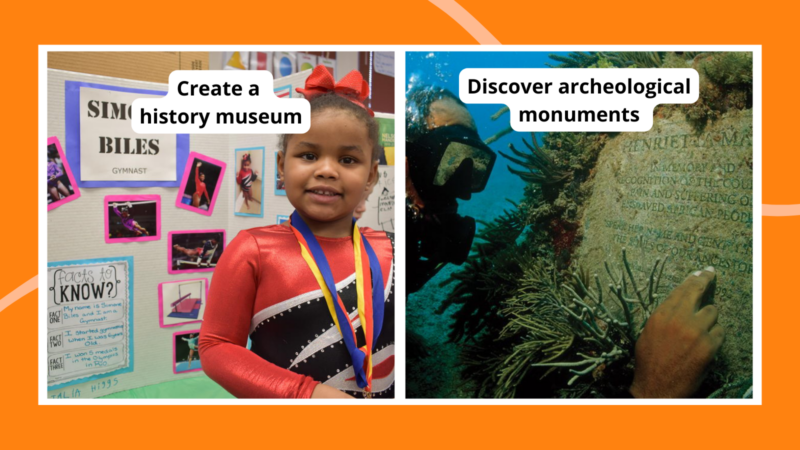 Black History Month Activities Examples of Black History Month activities including creating a history museum and discovering archaeological monuments