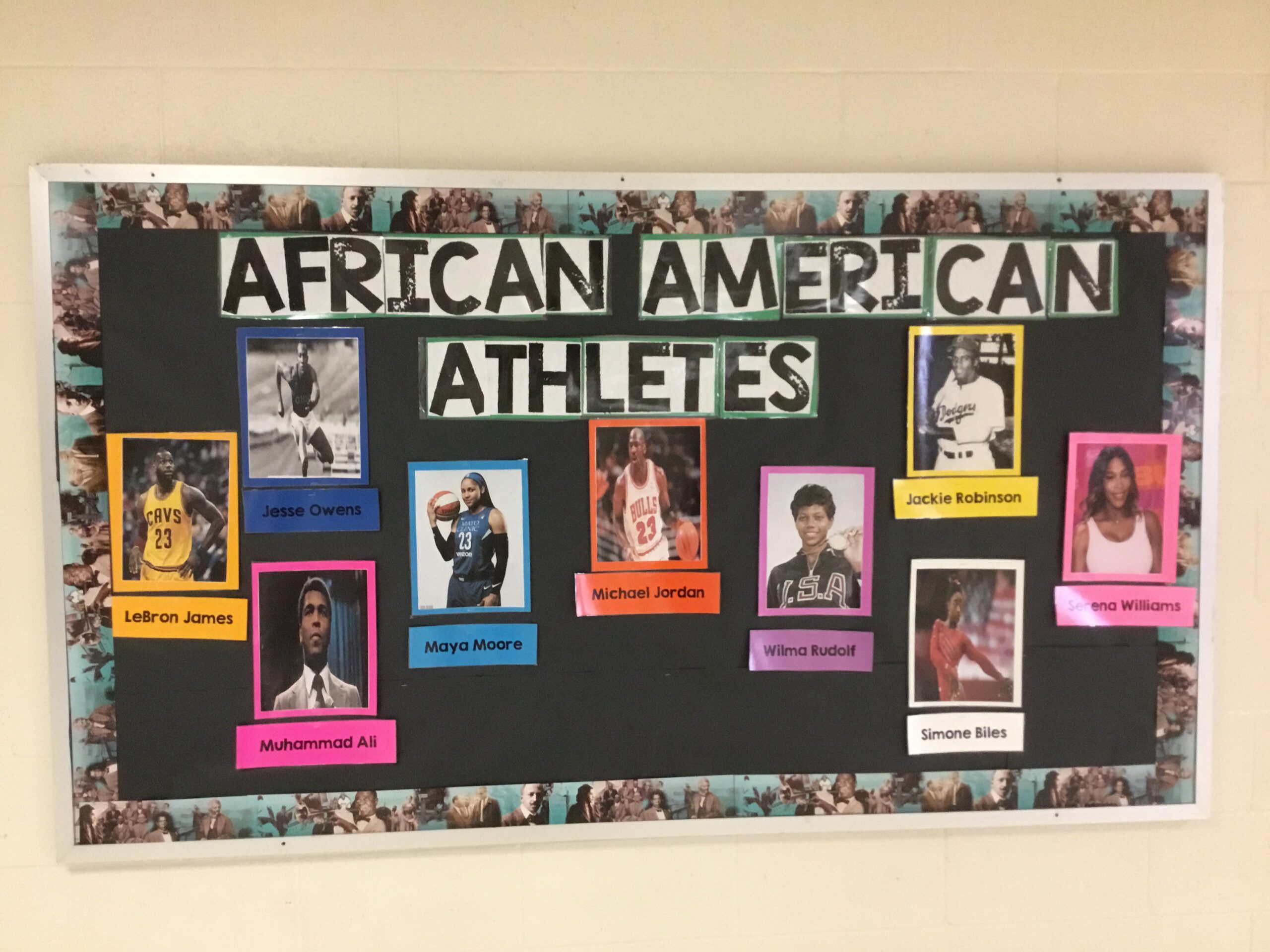 Black History Month Bulletin Board – Athletes A black background says African American Athletes. It has pictures and descriptions of prominent Black athletes.