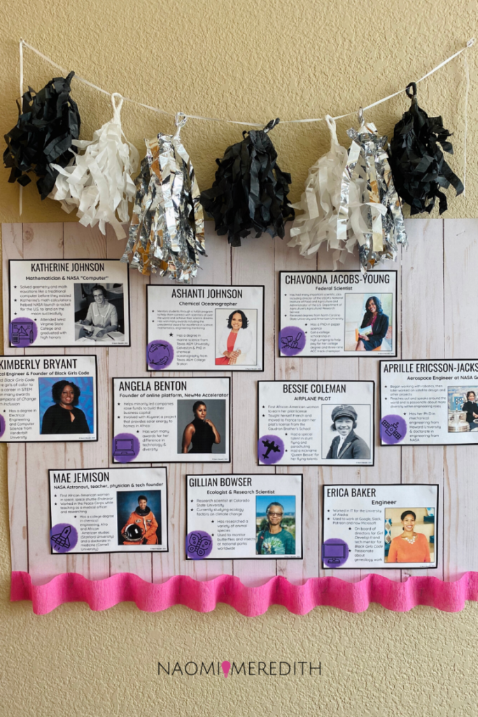 Black History Bulletin Board – Women in STEM a tasseled garland appears over several pictures of women in STEM with blurbs about each one.