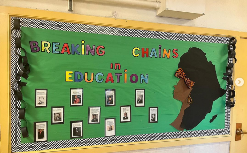 Black History Month Bulletin Board – Breaking Chains A green background says Breaking Chains in Education. It features paper chains on the sides and photos of famous Black educators.