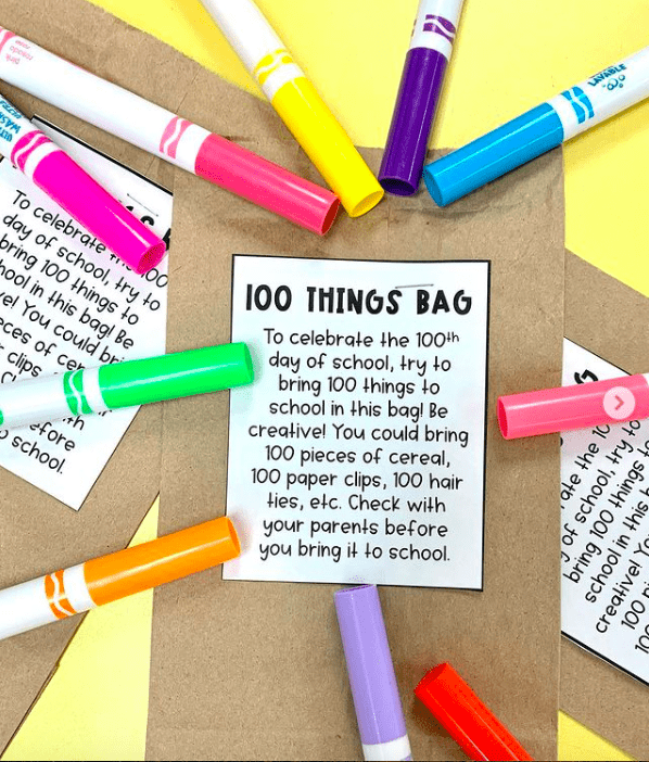 100s-collection A printed assignment for a 100 Things Bag lies on a table surrounded by colored markers