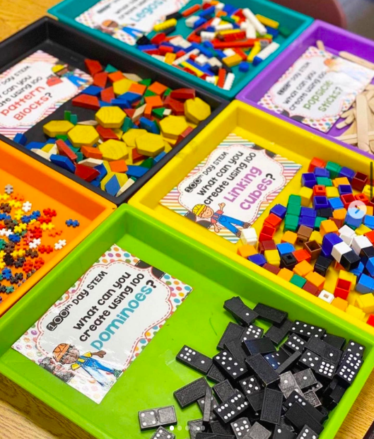 Counting Stations Colorful bins of math manipulatives to use for 100th day of school counting stations.