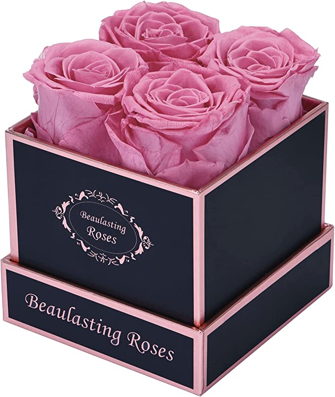 everlasting-roses Four pink Beaulasting Roses in a black gift box
