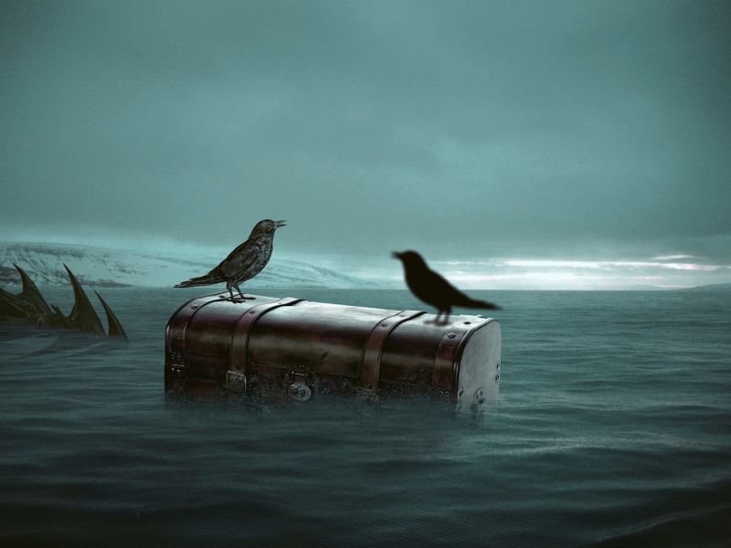 Writing Prompt: Floating Chest Two black birds sitting on a chest floating in the water