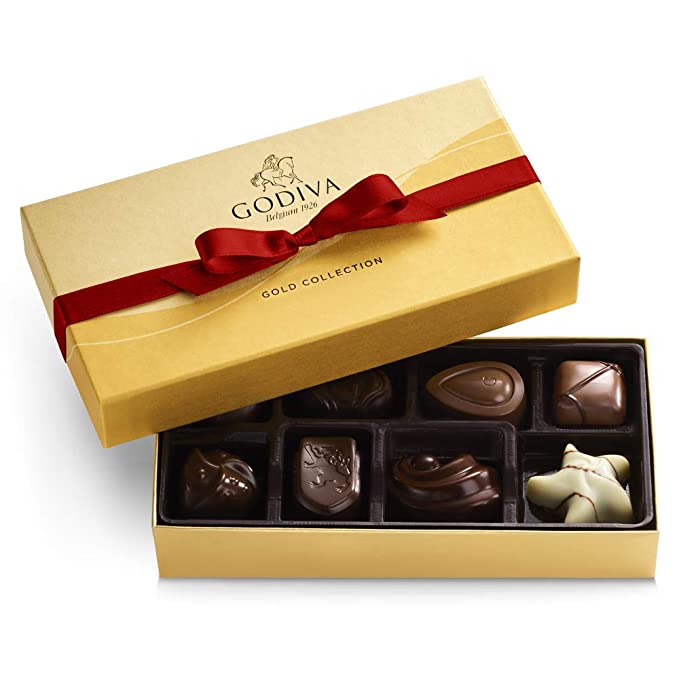 Godiva Chocolate Box Gold box of Godiva chocolates with red ribbon