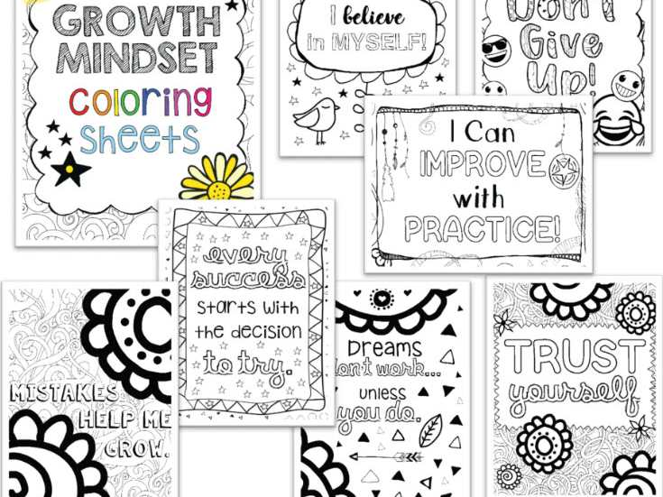 Growth Mindset Activities: Coloring Pages Collage of coloring pages with growth mindset quotes