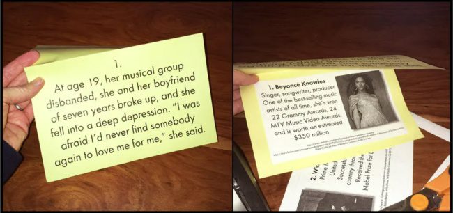 Growth Mindset Activities: Famous Failures Side-by-side images showing a card describing a person's difficulties in starting their singing career, and the reveal that it describes Beyonce Knowles