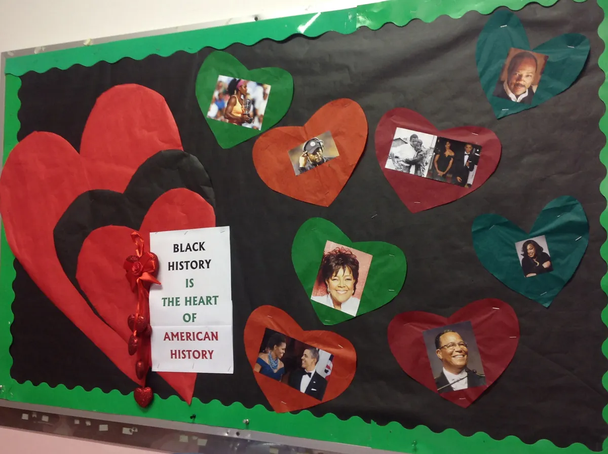 Black History Month – Hearts A black background has multiple hearts on it and many of the hearts have pictures of famous Black people on them.