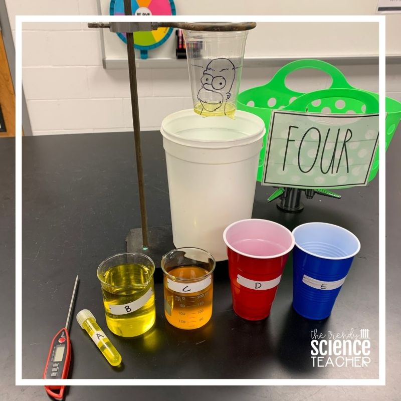 Homer-ostasis Homeostasis Ring stand with a plastic cup and a picture of Homer Simpson, with various chemicals, colored cups, and a bin of flour