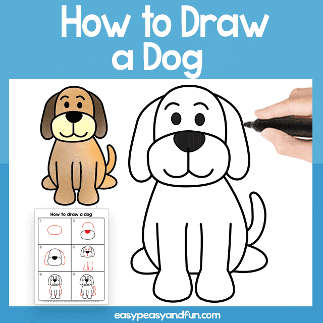 How to Draw a Dog a black outline of a dog is shown with a hand holding a marker drawing it. A finished version is in the background, colored in brown.