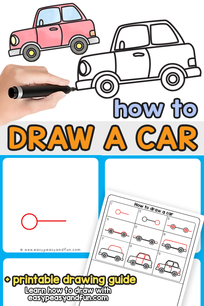 How to Draw a Car Text Reads How to Draw a Car and shows a hand drawing the outline of a car next to a finished, colored drawing of one.